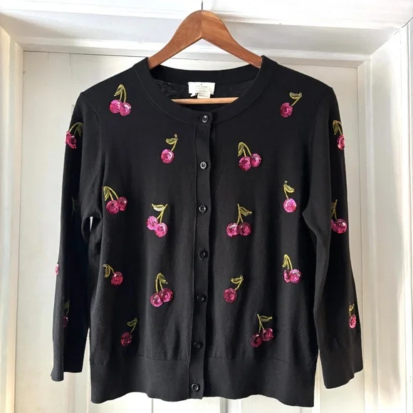 Kate Spade Sequin Cherries Black Cardigan Sweater Size L - Picture 3 of 16